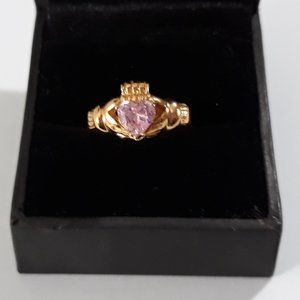 Claddaugh Ring with Genuine Cz Pink Heart 18k Gold Plated New Old Stock